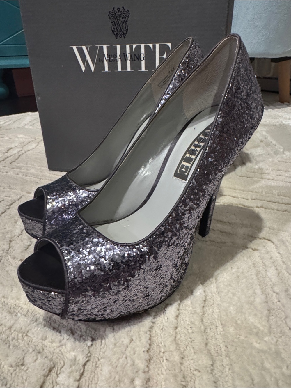 White by Vera Wang Silver-Purple Glitter Peep-Toe Platform Heels
